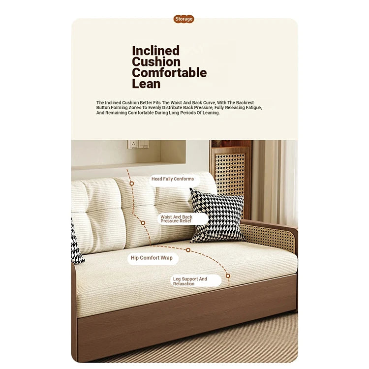 Stylish Solid Wood Sofa with Corduroy Cushions and Rattan Accents - Perfect for Modern Living Rooms fdh-3111