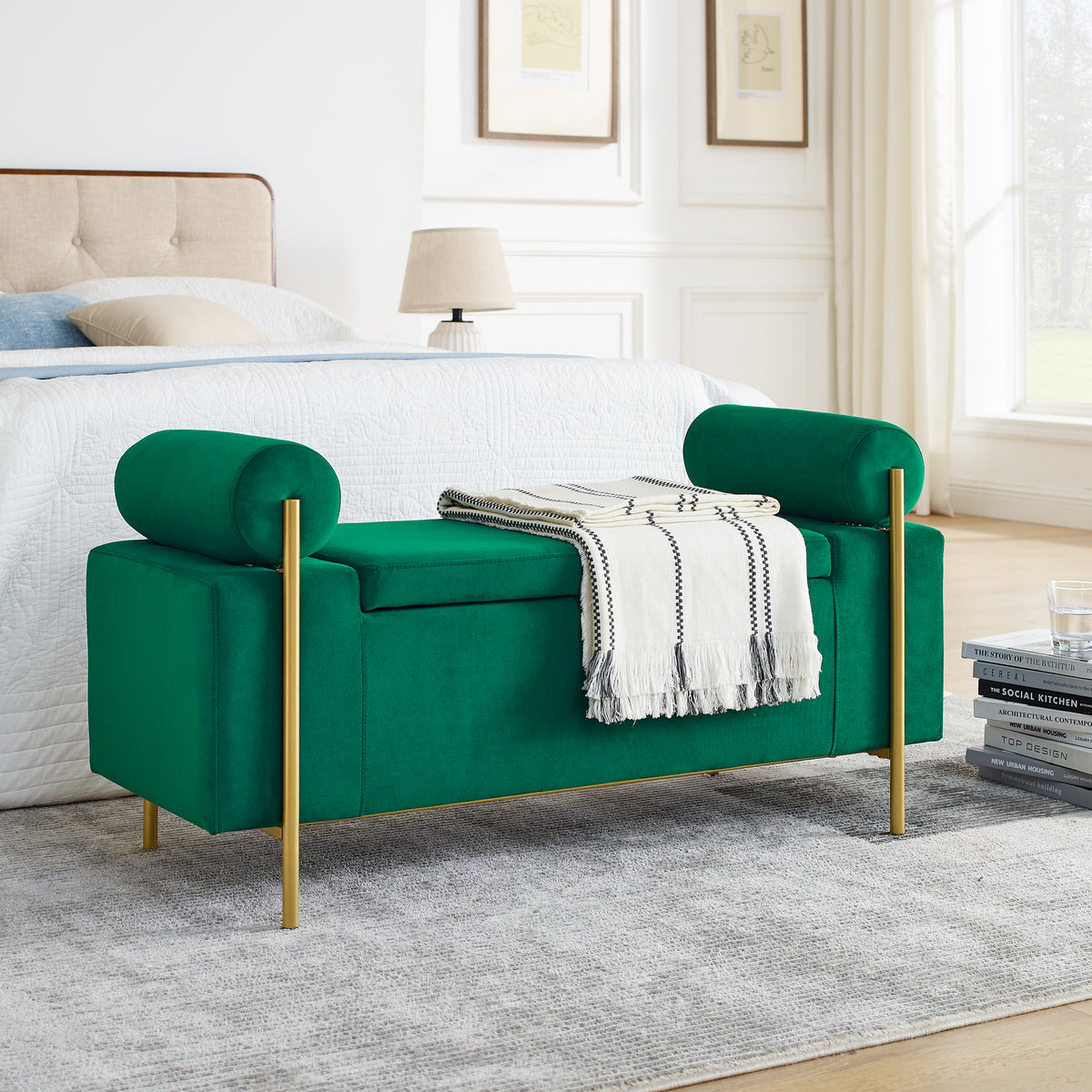 Elegant Upholstered Velvet Storage Bench with Cylindrical Arms and Iron Legs for Hallway Living Room Bedroom, Green W487128012-djyc