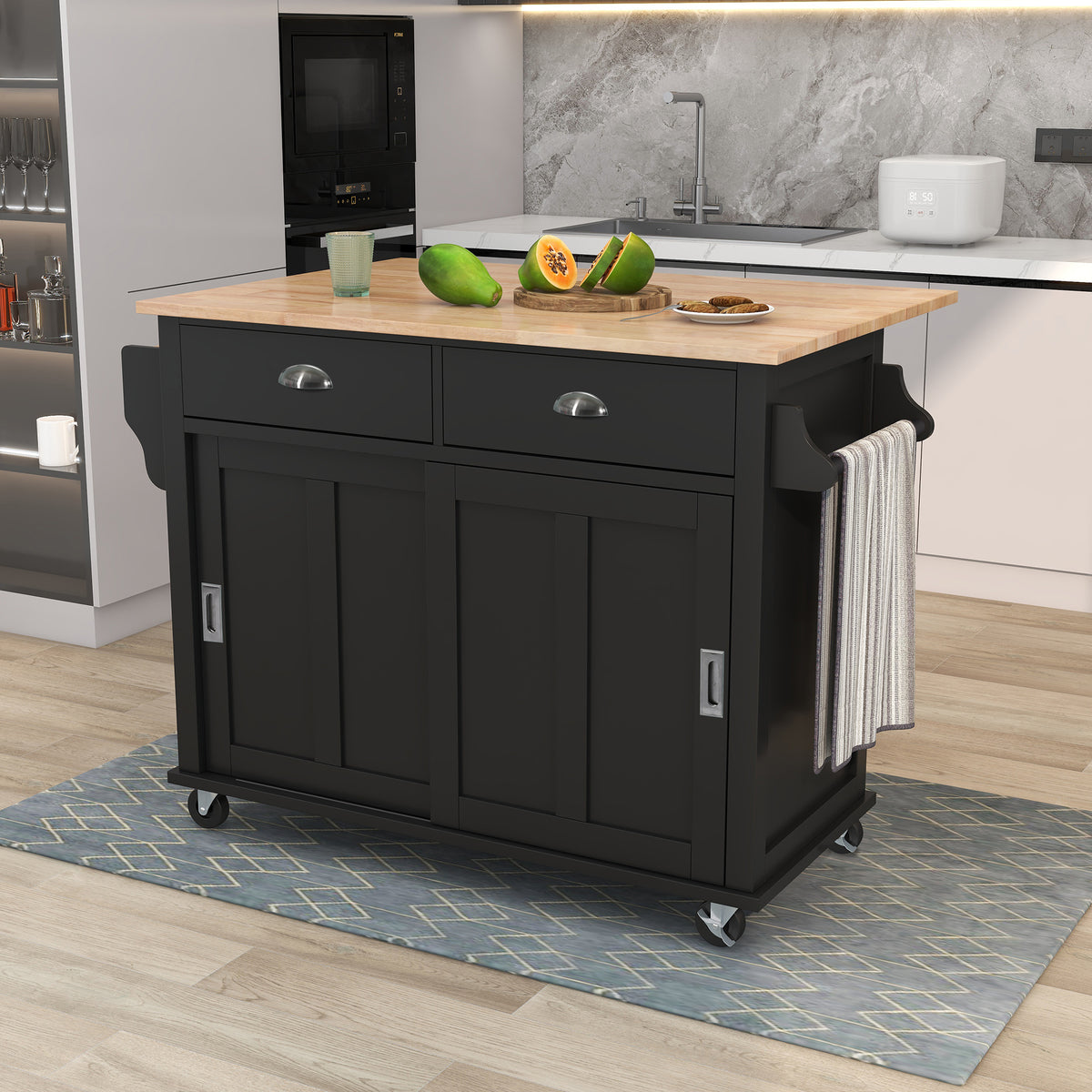 Kitchen Cart with Rubber wood Drop-Leaf Countertop, Concealed sliding barn door adjustable height,Kitchen Island on 4 Wheels with Storage Cabinet and 2 Drawers,L52.2xW30.5xH36.6 inch, Black SK000001AAB-djyc