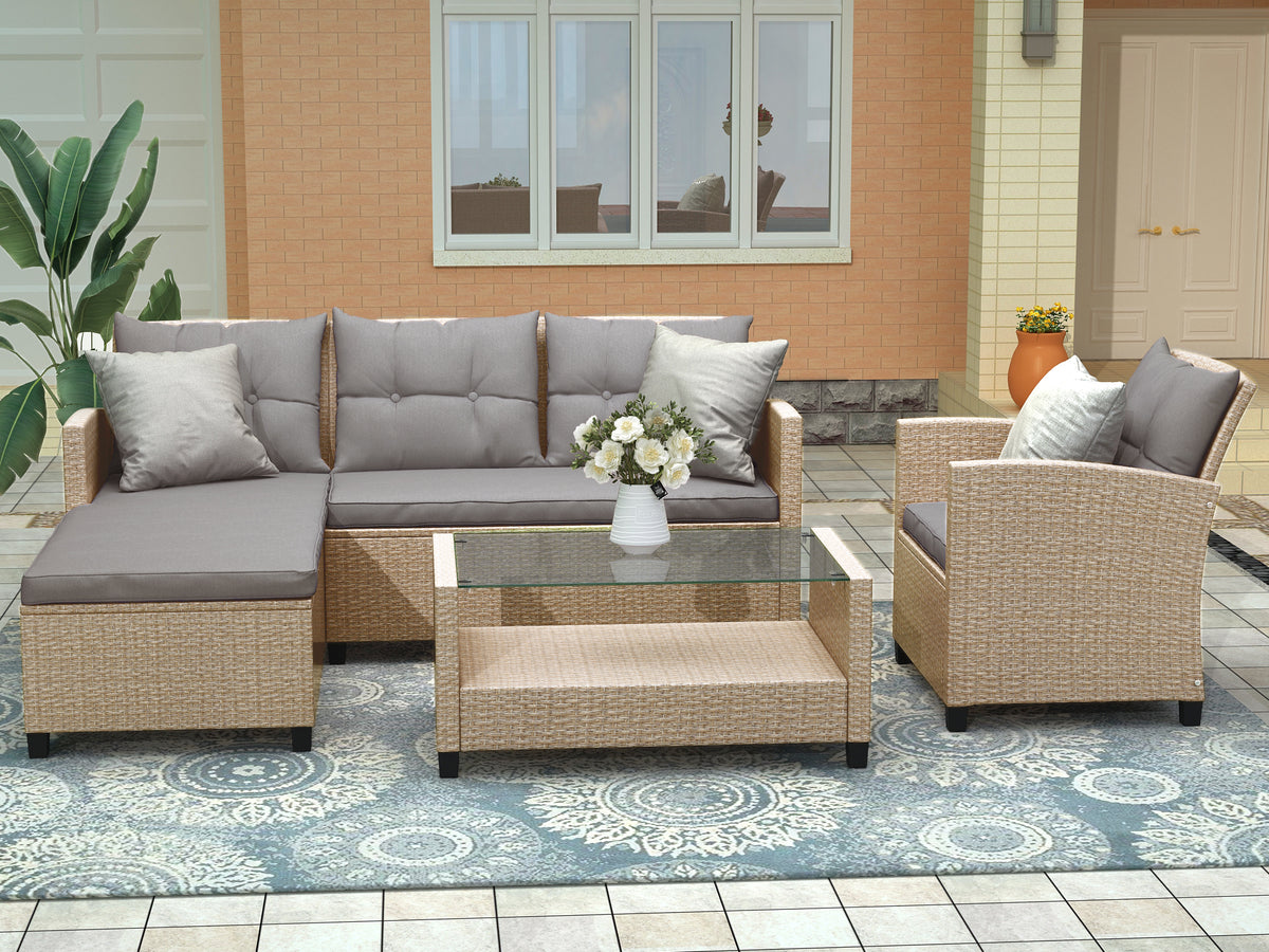 U_STYLE Outdoor, Patio Furniture Sets, 4 Piece Conversation Set Wicker Ratten Sectional Sofa with Seat Cushions(Beige Brown) WY000112EAA-djyc