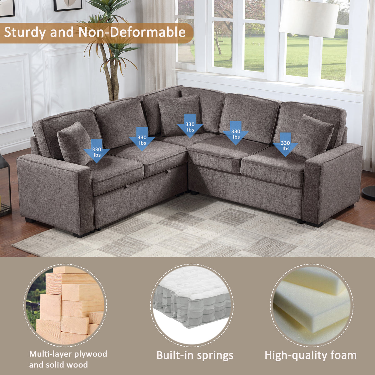 Modular Sofa, Sectional Couch L Shaped Sofa Couch with Pullout Sleeper, 5 Seat Chenille Corner Sofa for Living Room, 3 Pillows Included, Light Brown W1998S00053-djyc