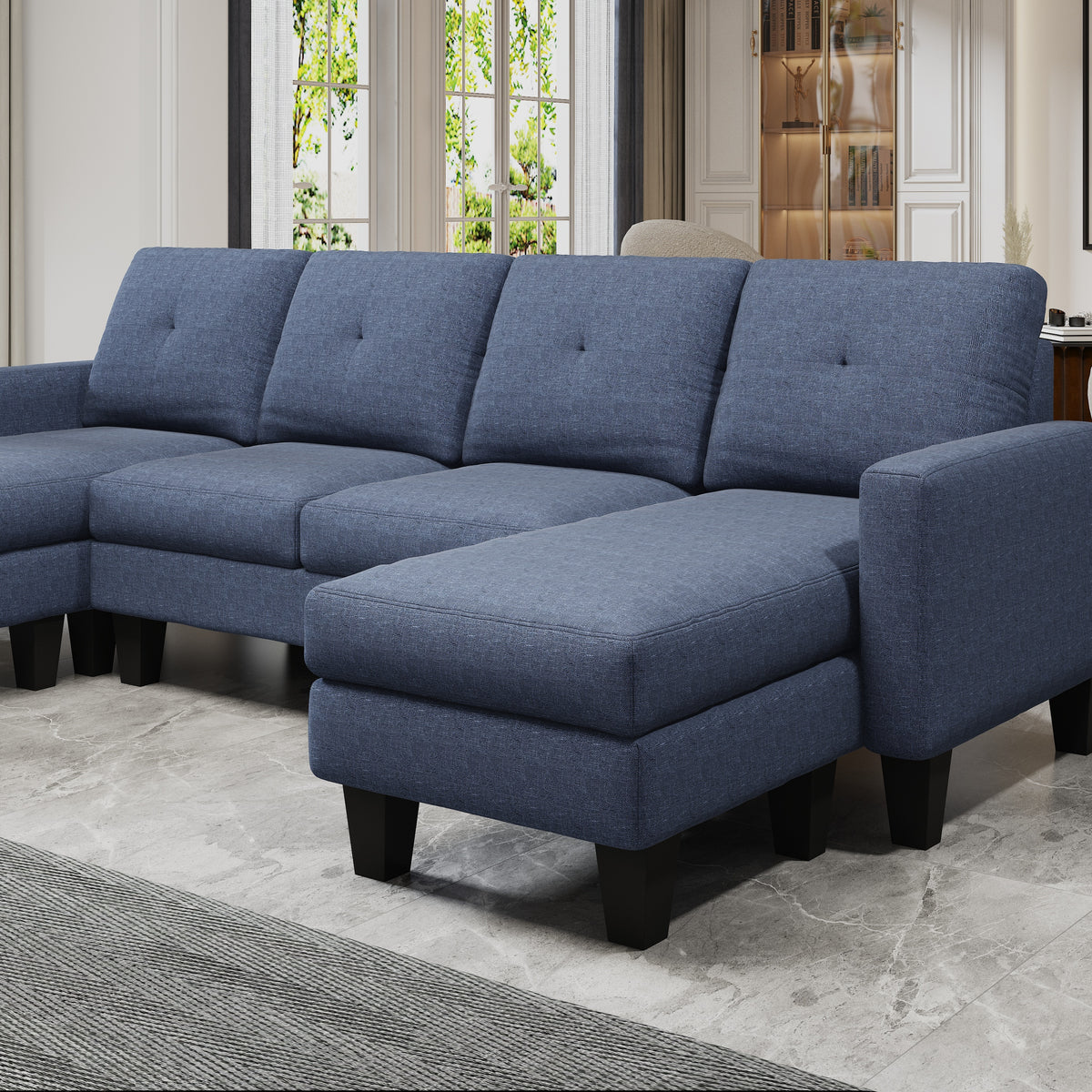 U-Shaped Sofa Coch 4-Seat Sofa with Chaise Polyester Fabric for Living Room Apartment Office (Blue) W1669S00004-djyc