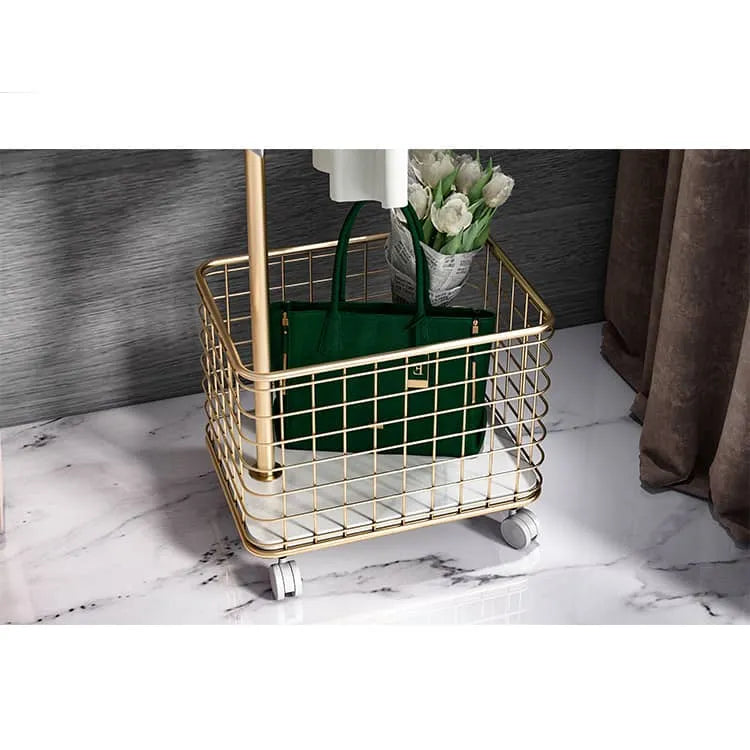 Stylish Gold Metal Coat Hanger with Storage Basket - Elegant Clothing Rack for Modern Bedrooms fel-1974