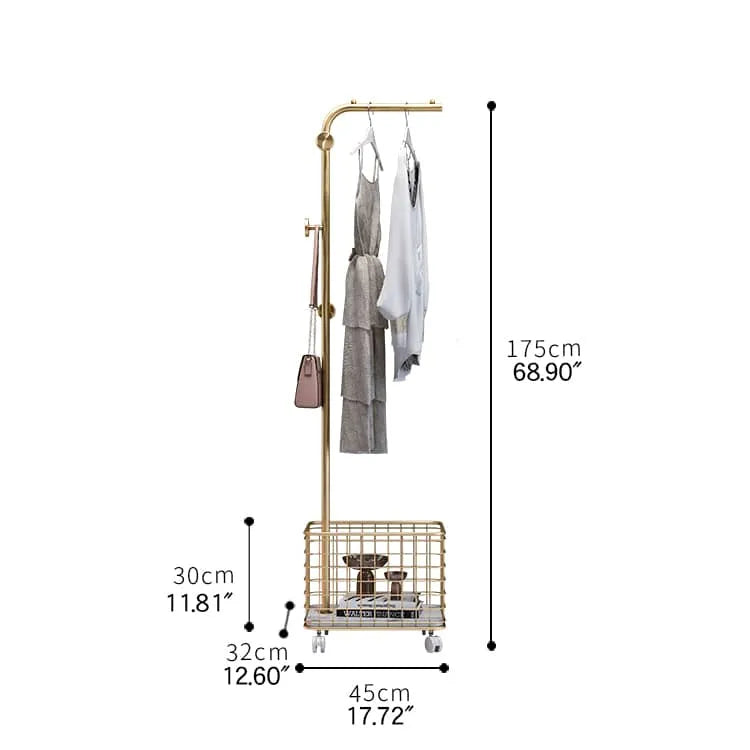 Stylish Gold Metal Coat Hanger with Storage Basket - Elegant Clothing Rack for Modern Bedrooms fel-1974