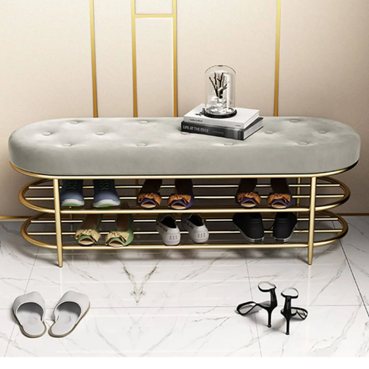 Luxurious Velvet Gold Shoe Storage Bench - Elegant Entryway Seating Solution fel-1987