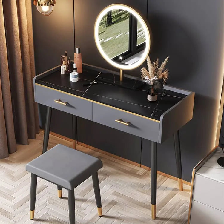 Luxury Sintered Stone & Faux Leather Makeup Table with LED Mirror - Modern Vanity Desk for Elegant Spaces fel-1994