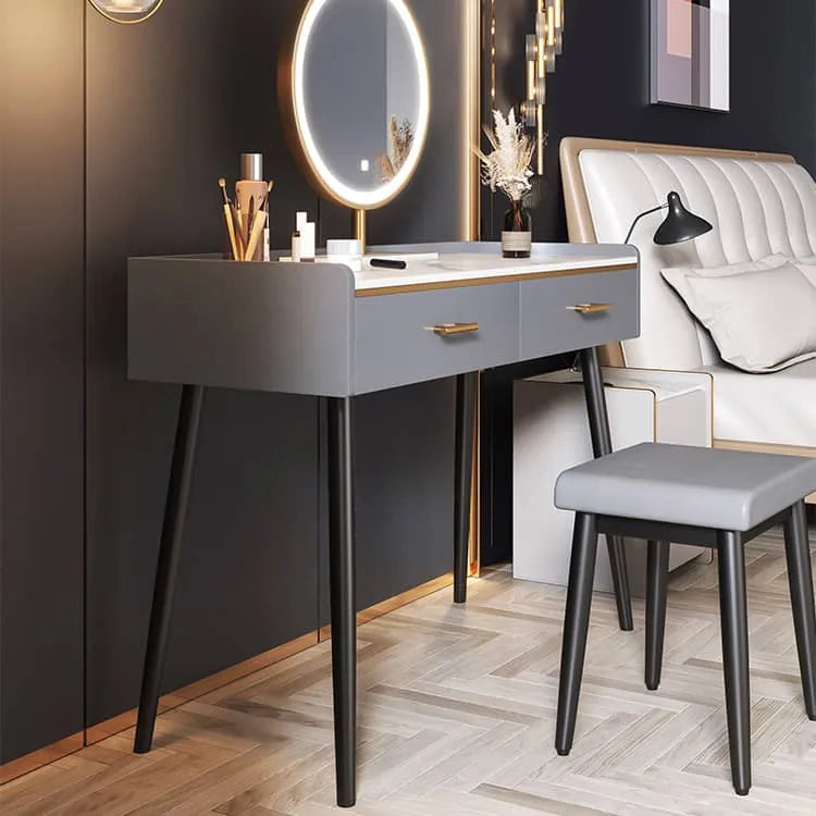 Luxury Sintered Stone & Faux Leather Makeup Table with LED Mirror - Modern Vanity Desk for Elegant Spaces fel-1994