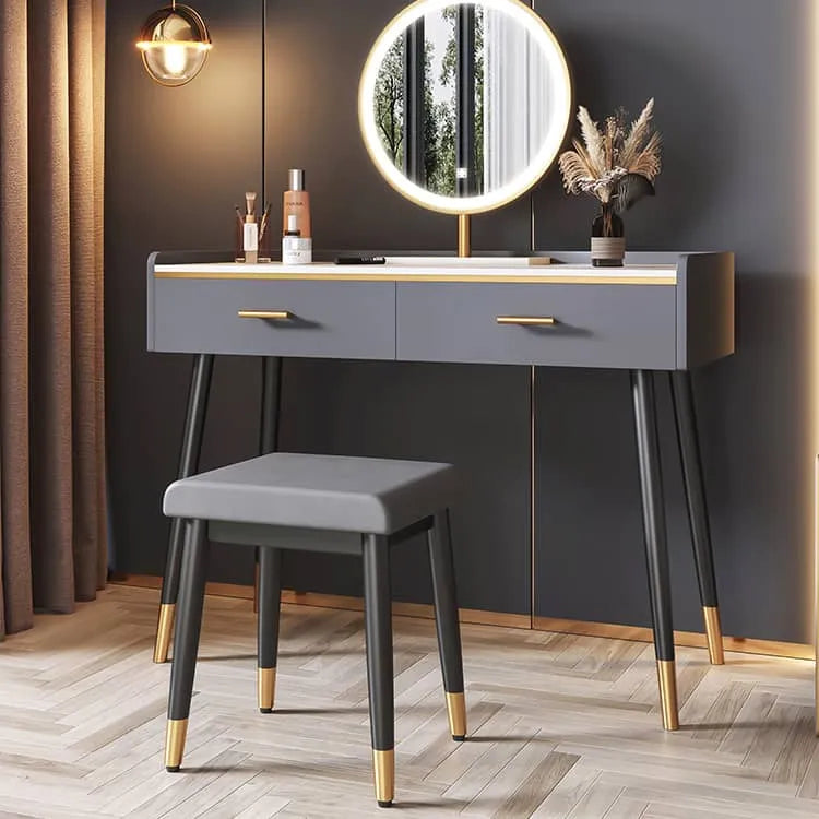 Luxury Sintered Stone & Faux Leather Makeup Table with LED Mirror - Modern Vanity Desk for Elegant Spaces fel-1994