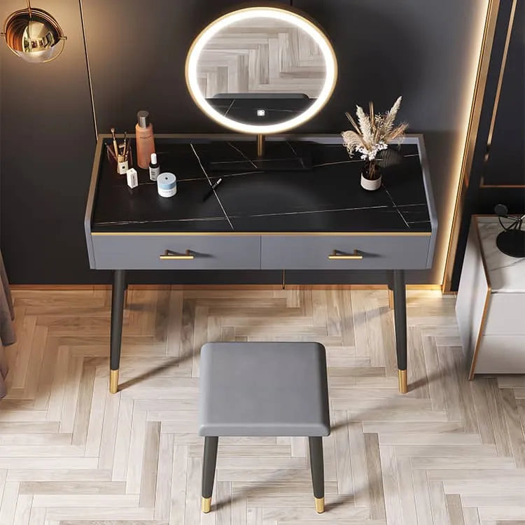 Luxury Sintered Stone & Faux Leather Makeup Table with LED Mirror - Modern Vanity Desk for Elegant Spaces fel-1994