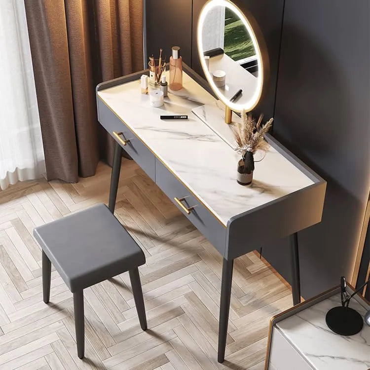 Luxury Sintered Stone & Faux Leather Makeup Table with LED Mirror - Modern Vanity Desk for Elegant Spaces fel-1994