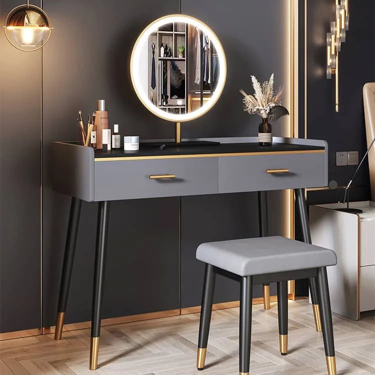 Luxury Sintered Stone & Faux Leather Makeup Table with LED Mirror - Modern Vanity Desk for Elegant Spaces fel-1994