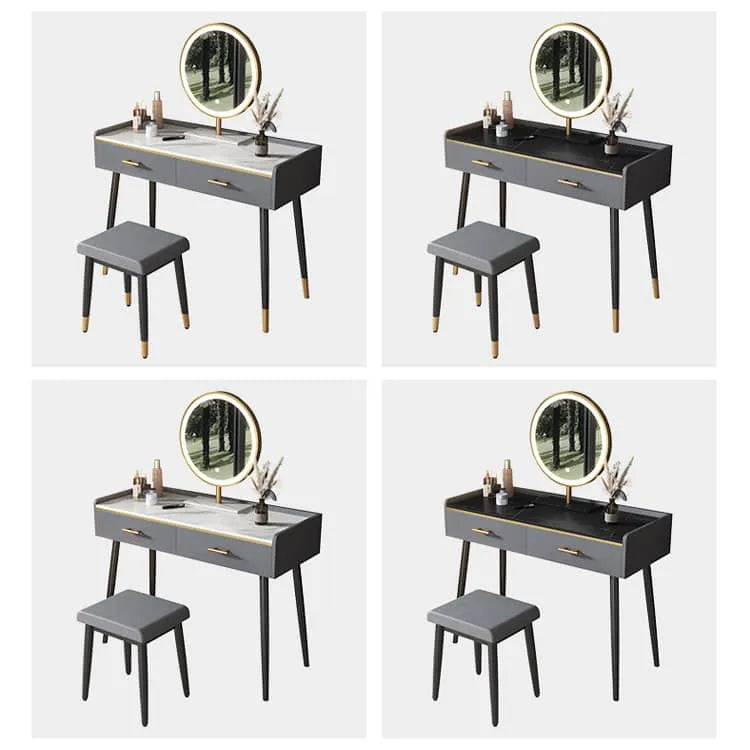 Luxury Sintered Stone & Faux Leather Makeup Table with LED Mirror - Modern Vanity Desk for Elegant Spaces fel-1994