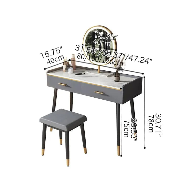 Luxury Sintered Stone & Faux Leather Makeup Table with LED Mirror - Modern Vanity Desk for Elegant Spaces fel-1994