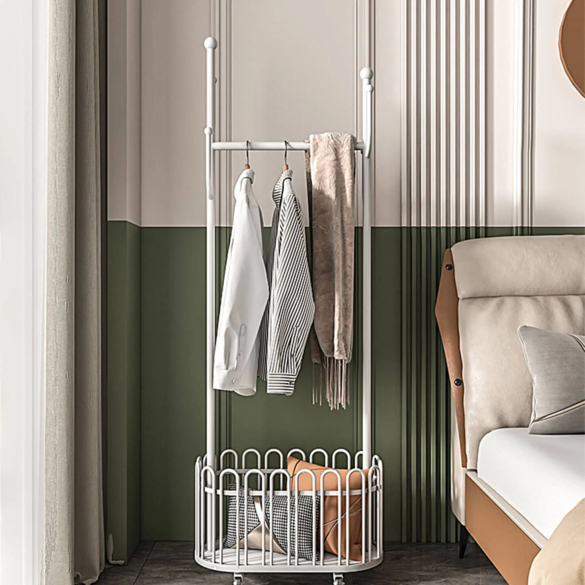 Elegant Metal Coat Hanger with Storage Basket and Wheels for Modern Living Spaces fel-2007