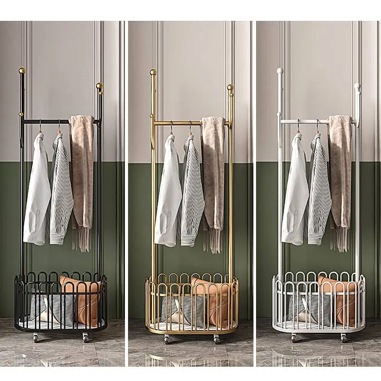 Elegant Metal Coat Hanger with Storage Basket and Wheels for Modern Living Spaces fel-2007