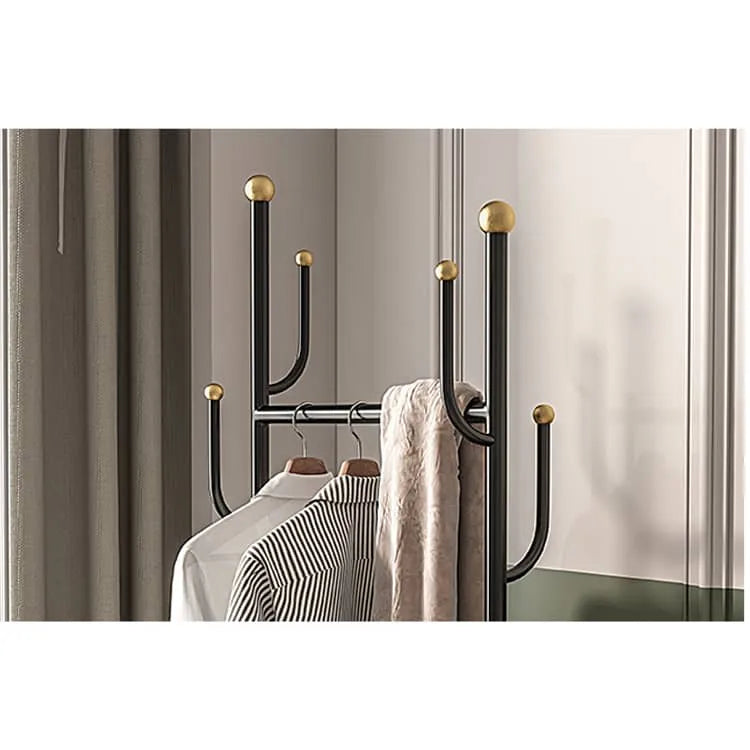 Elegant Metal Coat Hanger with Storage Basket and Wheels for Modern Living Spaces fel-2007