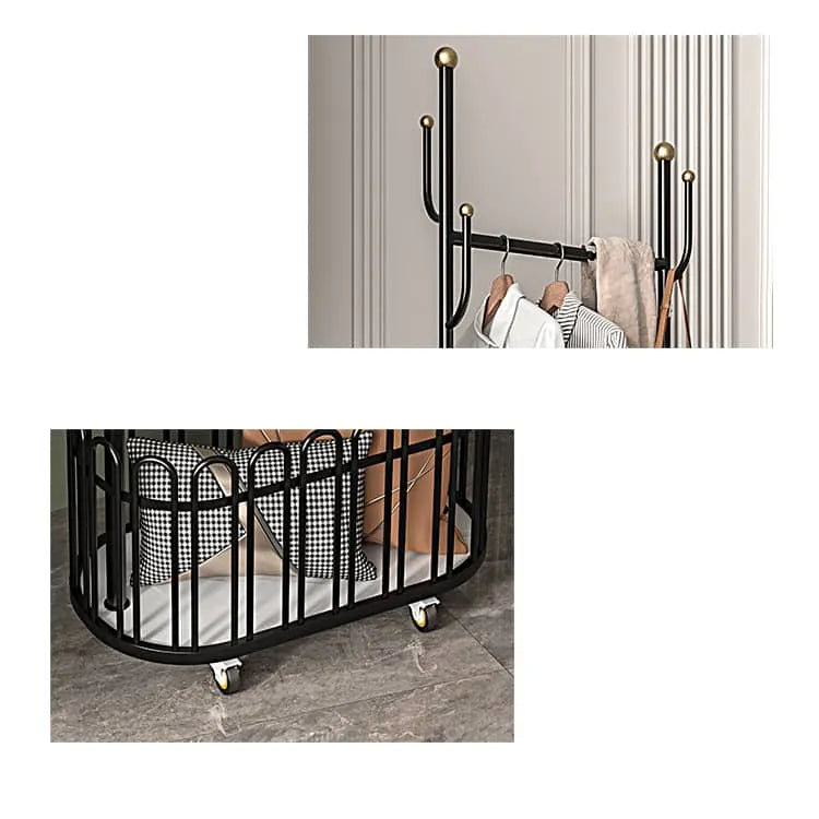 Elegant Metal Coat Hanger with Storage Basket and Wheels for Modern Living Spaces fel-2007