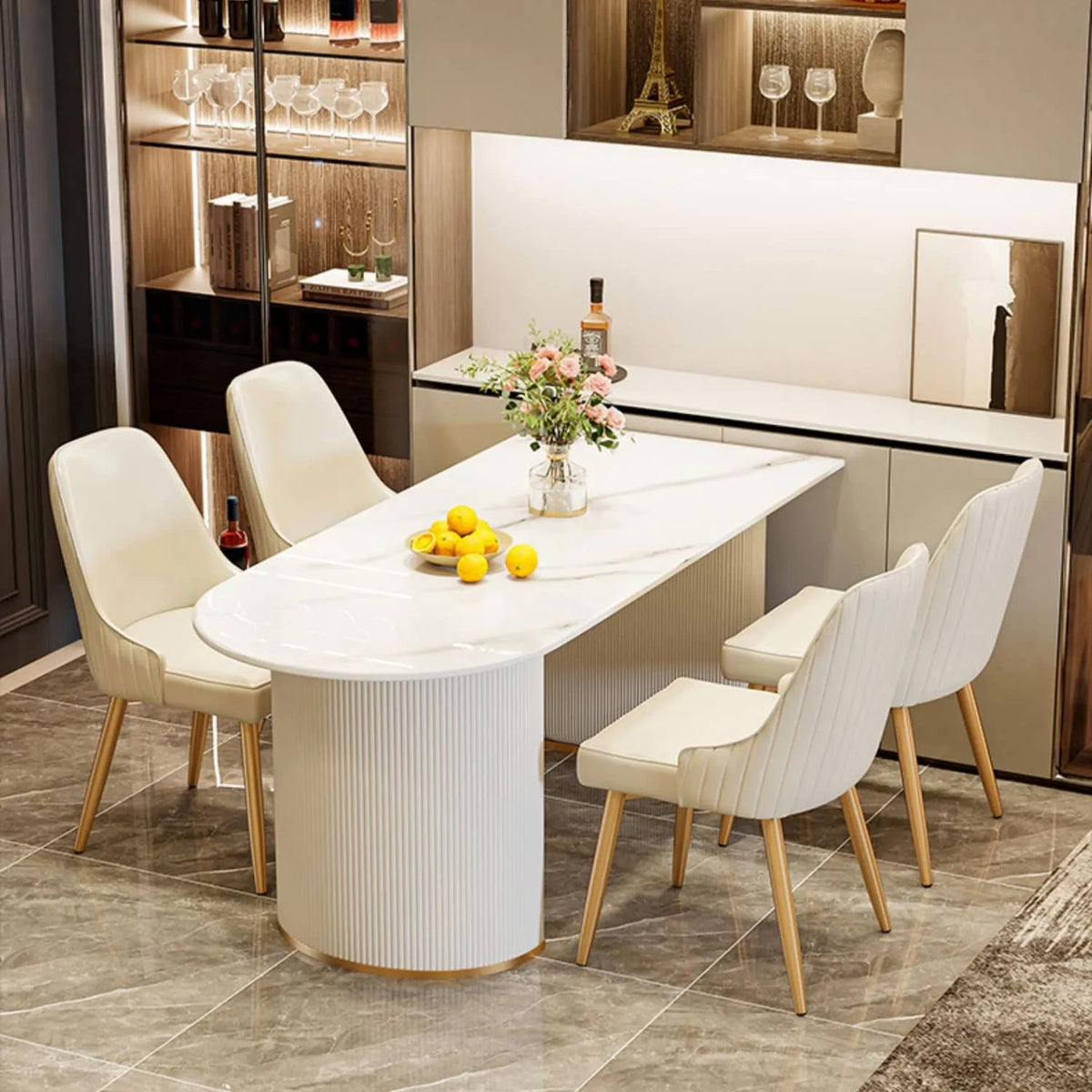 Sleek Sintered Stone Dining Table with Luxurious Faux Leather Chairs for Modern Elegance fel-2021