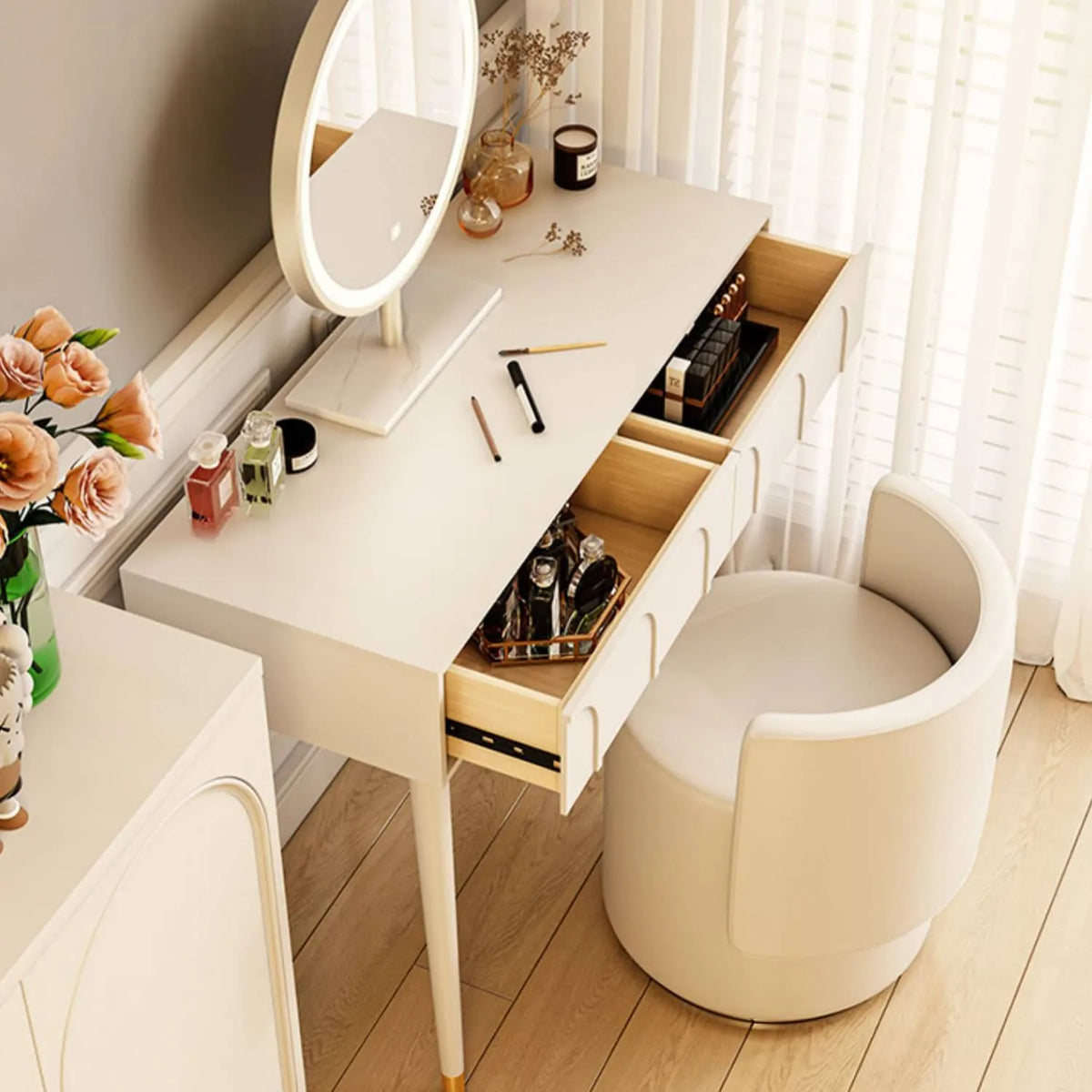 Elegant White Modern Makeup Vanity Table with Mirror and Storage Drawers fel-2022