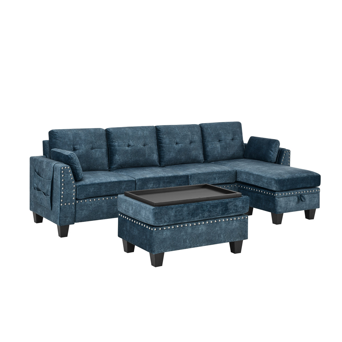 Sectional 3-Seaters Sofa ,Double-sided multi-functional footstool, storage mat , Non-slip leg, two pillows, Velvet,Navy blue W487S00239-djyc