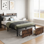 Full Size Bed Frame, Storage Headboard with Charging Station and 2 Storage Drawers,Vintage Brown and Gray W840137806-djyc