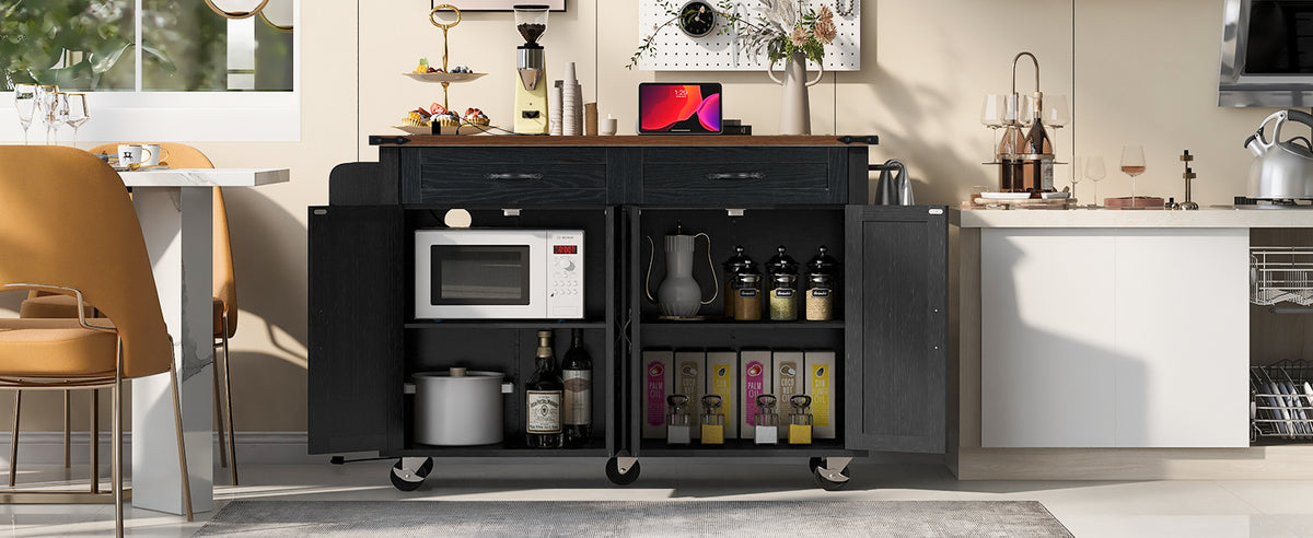 K&K 53.5''Farmhouse Kitchen Island with Power Outlet, Kitchen Storage Island with Drop Leaf, Spice Rack and Drawer, Rolling Kitchen Cart on Wheels, for Home, Kitchen and Dining Room, Black N707P170348B-djyc