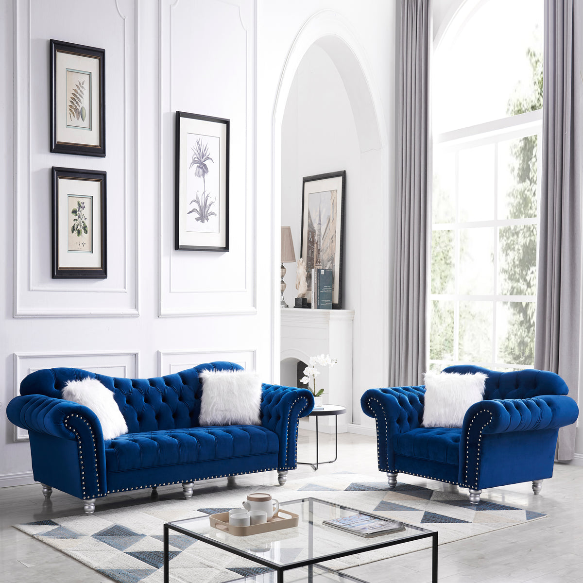 3 Piece Living Room Sofa Set, including 3-Seater Sofa, Loveseat and Sofa Chair, with Button and Copper Nail on Arms and Back, Five White Villose Pillow, Blue. W487S00051-djyc