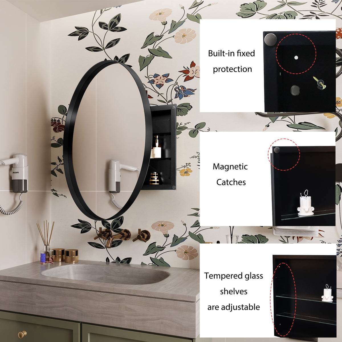 31.5 Inch Surface Mount Round Metal Framed Medicine Cabinet with Mirror and Adjustable Shelves Black Wall Mirror with Storage for Bathroom, Matte Black W1435P194674-djyc