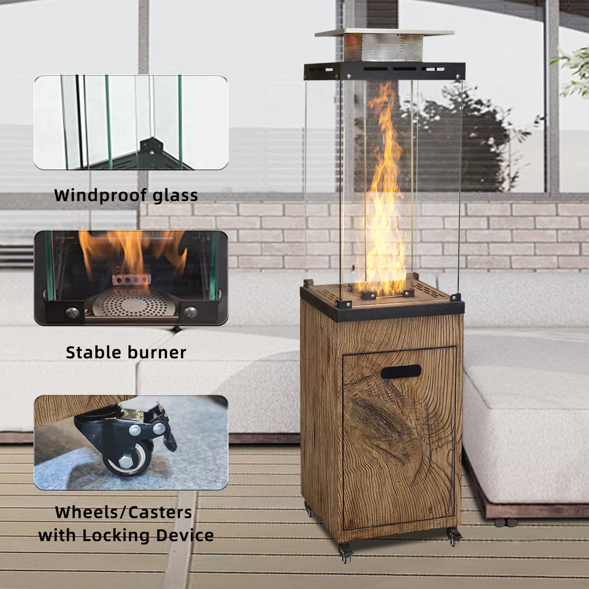 New Product Faux Woodgrain Tempered Glass Outdoor Propane Gas Fire Heater W2029120093-djyc