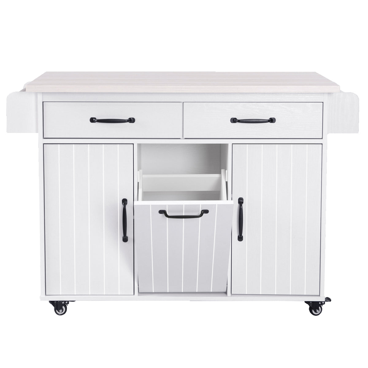 K&K Kitchen Island with Trash Can Storage Cabinet, Kitchen Cart with Drop Leaf, Spice Rack, Towel Rack and Drawer, Rolling Kitchen Island on Wheels with Adjustable Shelf, White WF326381AAW-djyc