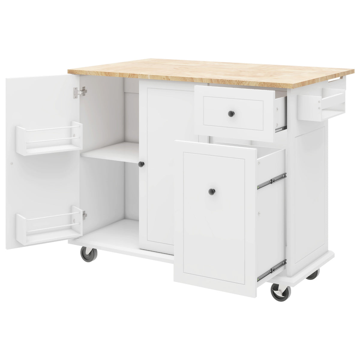 Kitchen Island with Drop Leaf, 53.9" Width Rolling Kitchen Cart on Wheels with Internal Storage Rack and 3 Tier Pull Out Cabinet Organizer, Kitchen Storage Cart with Spice Rack, Towel Rack (White) WF312383AAW-djyc