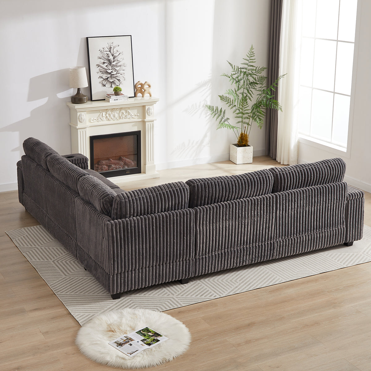 110-Inch Oversized Corduroy Corner Sofa,L Shaped Corner Couch with two storage spaces,USB port & Type-C port and Cup-holder , Deep Seat Comfy Upholstered Couches for Living Room(Not freely combinable) W834S00285-djyc