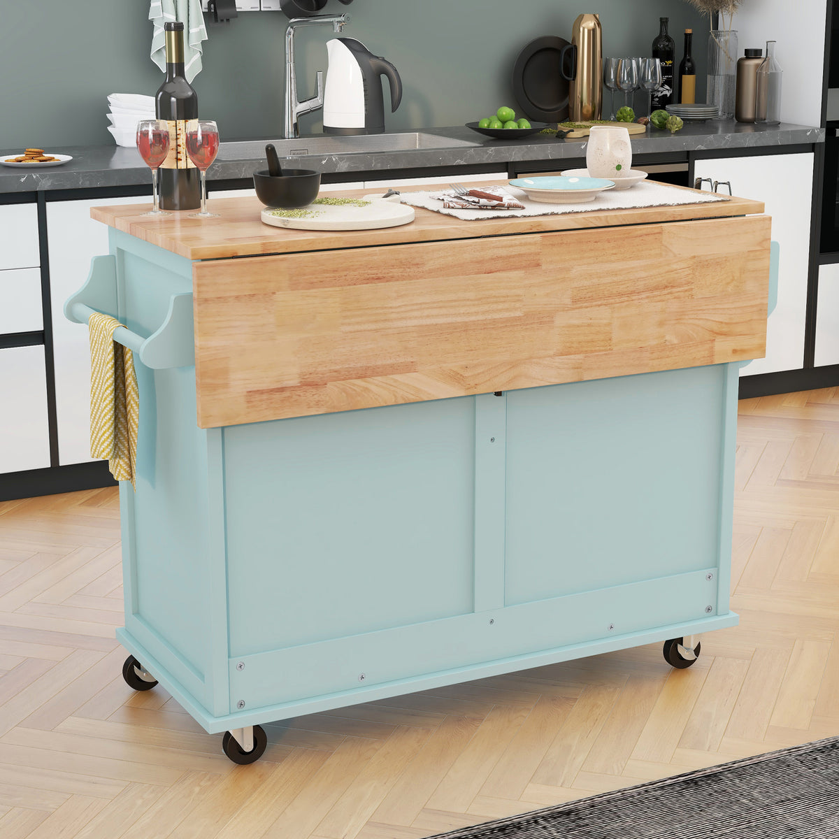 Kitchen Cart with Rubber wood Drop-Leaf Countertop, Concealed sliding barn door adjustable height,Kitchen Island on 4 Wheels with Storage Cabinet and 2 Drawers,L52.2xW30.5xH36.6 inch, Mint Green SK000001AAE-djyc