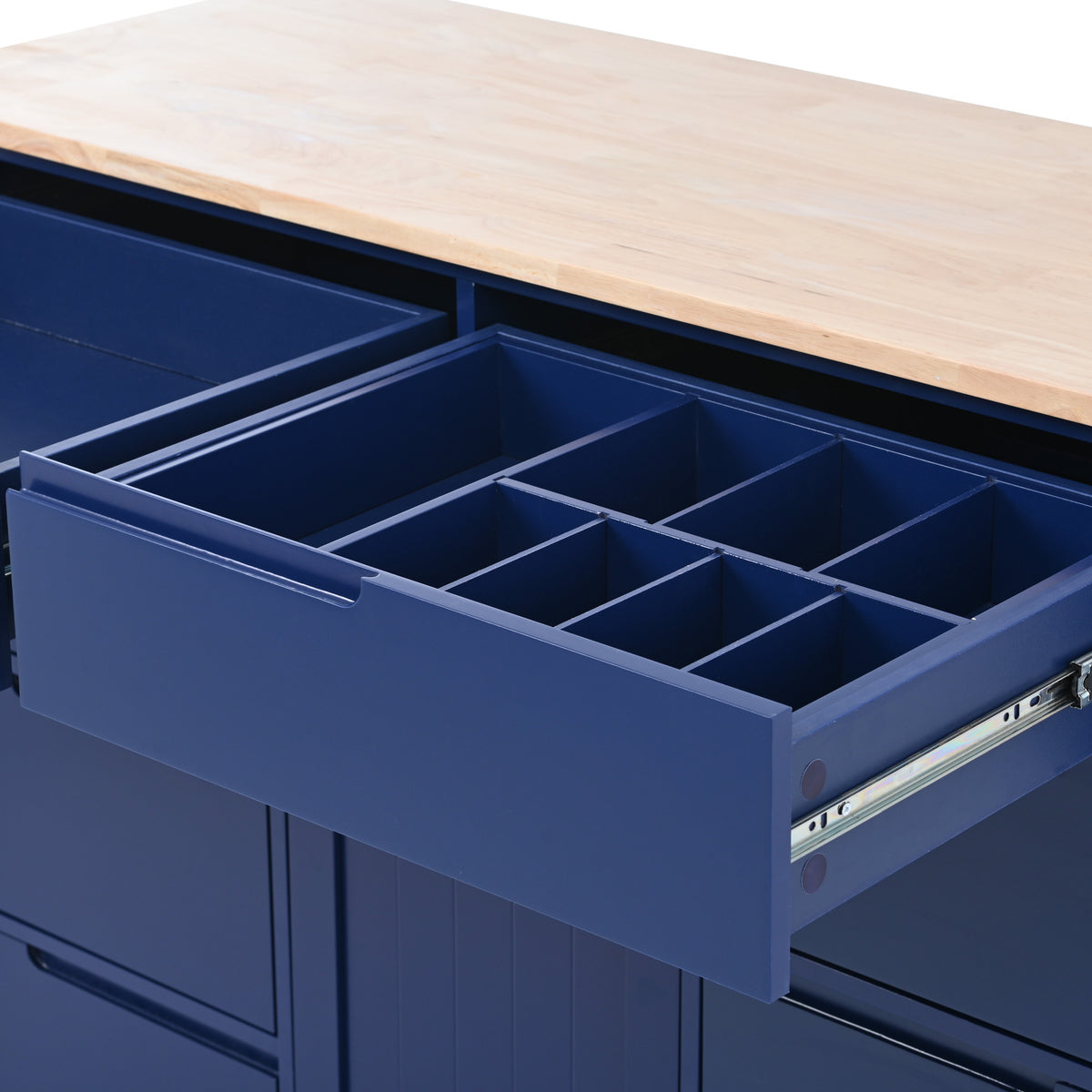 K&K Store Kitchen Cart with Rubber Wood Countertop , Kitchen Island has 8 Handle-Free Drawers Including a Flatware Organizer and 5 Wheels for Kitchen Dinning Room, Dark Blue SK000002AAG-djyc