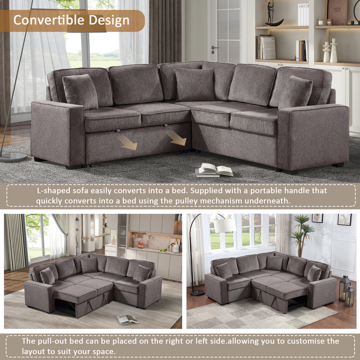 Modular Sofa, Sectional Couch L Shaped Sofa Couch with Pullout Sleeper, 5 Seat Chenille Corner Sofa for Living Room, 3 Pillows Included, Light Brown W1998S00053-djyc