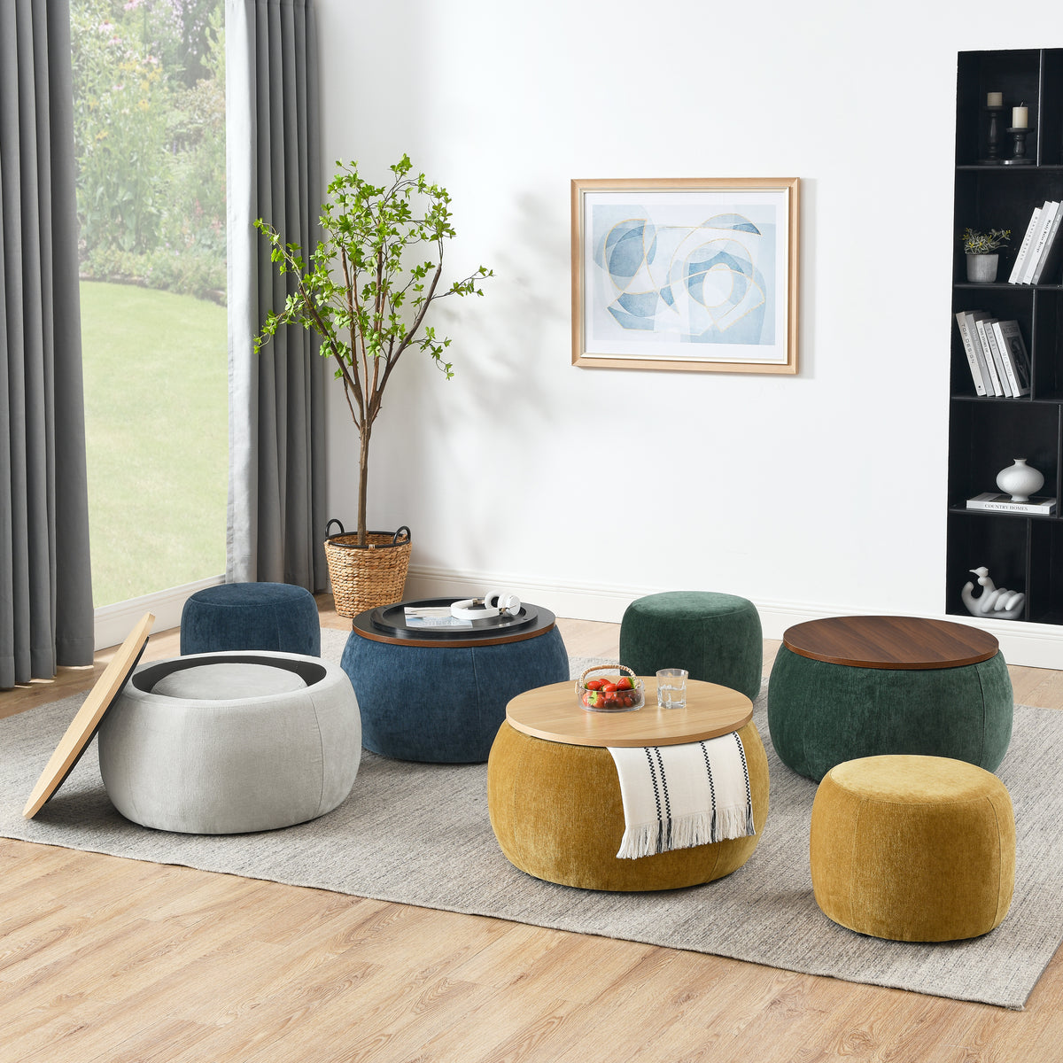 Round Storage Ottoman, 2 in 1 Function, Work as End table and Ottoman,with small seat,Dark blue(25"x25"x14.7") W487P165698-djyc