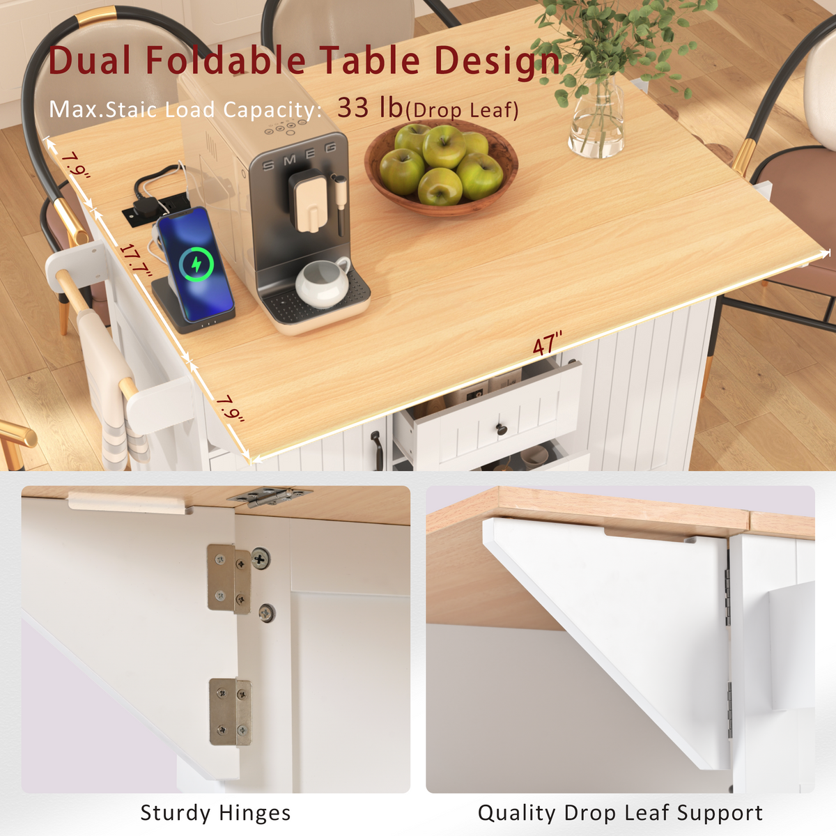 K&K 55.7'' Large Kitchen Island with 2 Drop Leaf,, Rolling Kitchen Cart on 5 Wheels with Power Outlet, Folding Storage Dining Table with Spice & Towel Rack , 3 Drawers, for Kitchen, Dining Room,White N707P186617W-djyc