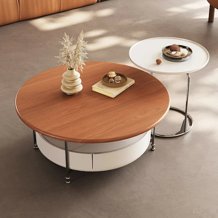 Stylish Round Tea Table with Solid Wood Top and Sleek Stainless Steel Legs fhj-4501