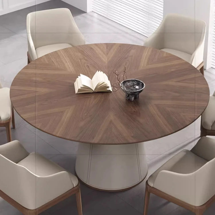 Elegant Round Solid Wood Dining Table with Synthetic Leather Base - Modern Multi-Layer Design for Chic Interiors fhmj-5034