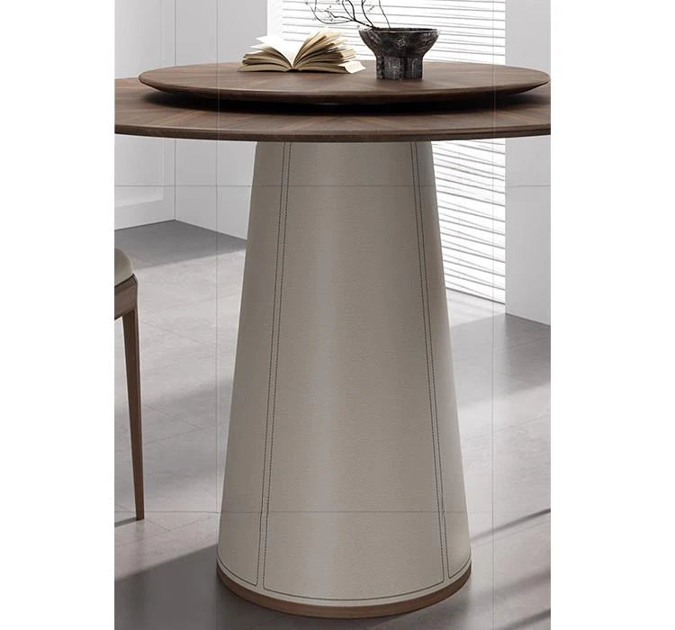 Elegant Round Solid Wood Dining Table with Synthetic Leather Base - Modern Multi-Layer Design for Chic Interiors fhmj-5034