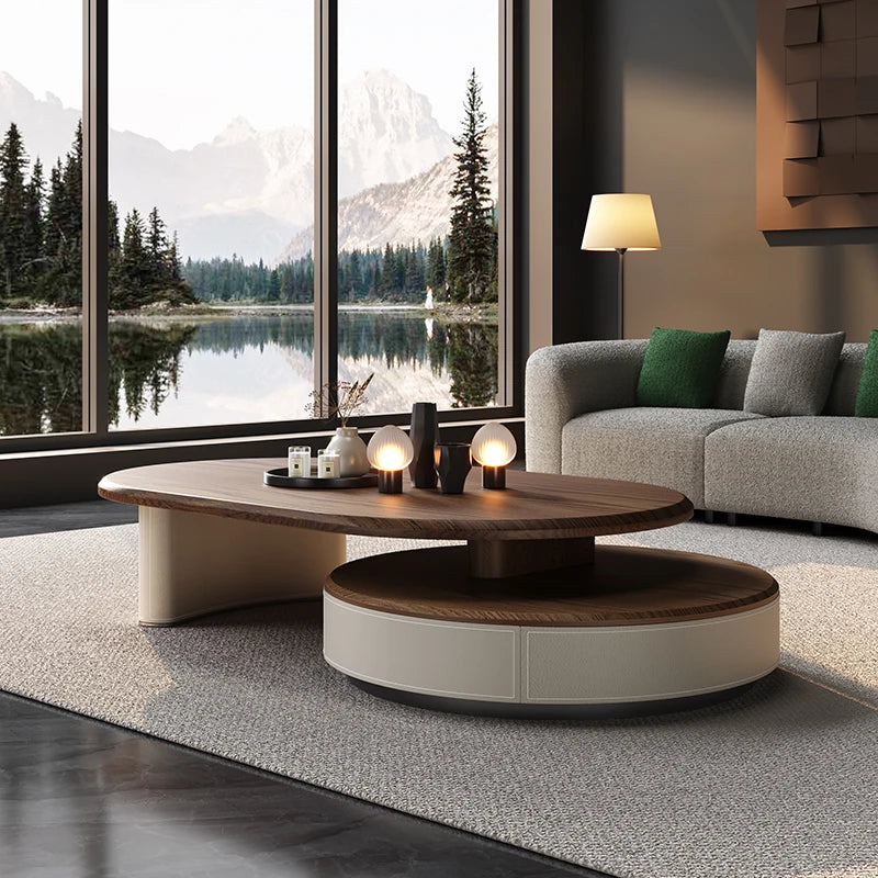 Modern Solid Wood and Multi-layer Board Tea Table with Elegant Synthetic Leather Finish – Stylish Centerpiece for Any Living Room fhmj-5037