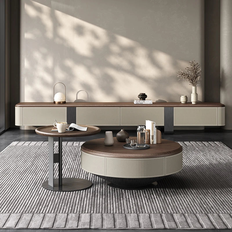 Elegant Solid Wood Coffee Table Set with Multi-layer Top and Synthetic Leather Finish - Perfect for Modern Living Rooms fhmj-5040