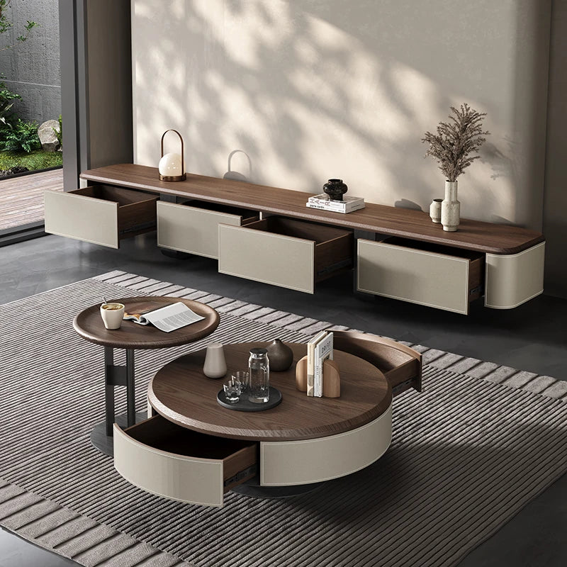 Elegant Solid Wood Coffee Table Set with Multi-layer Top and Synthetic Leather Finish - Perfect for Modern Living Rooms fhmj-5040