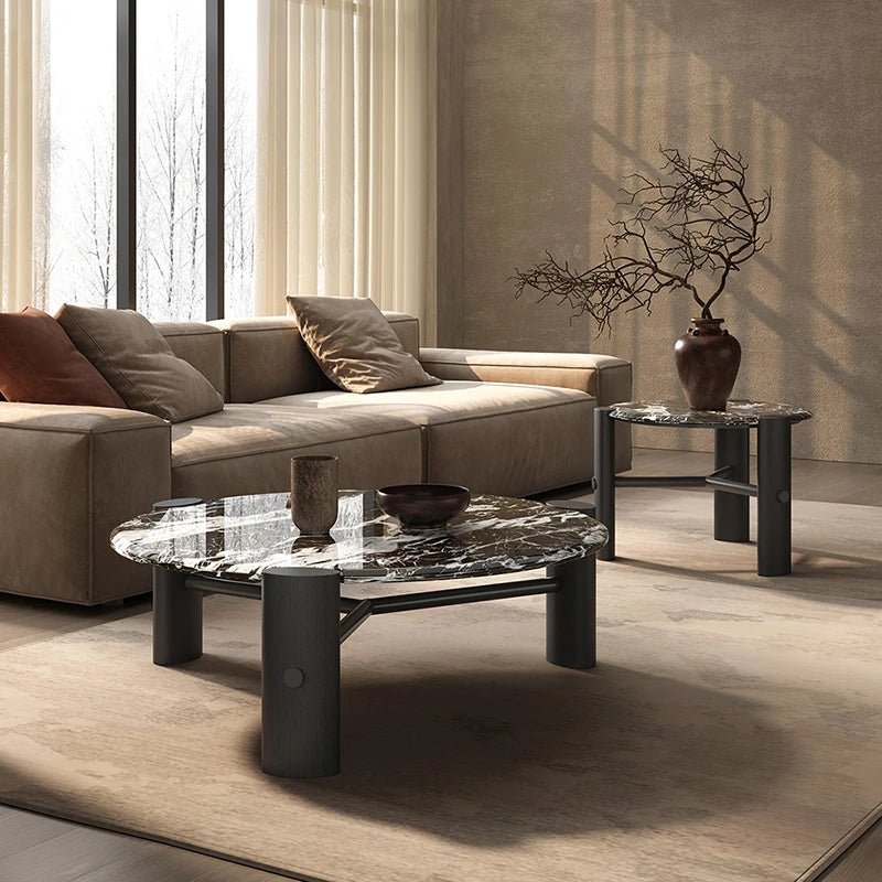 Elegant Round Solid Wood and Marble Coffee Table Set - Modern Design for Living Room Décor fhmj-5044