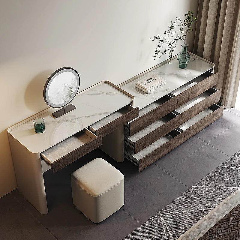 Modern Makeup Table with Sintered Stone Top and Synthetic Leather Finish - Elegant Vanity Desk for Chic Home Décor fhx-4577