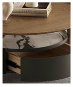 Elegant Sintered Stone Coffee Table with Pine Ash Wood and Tempered Glass - Modern Living Room Furniture with Storage Drawer fjd-4689