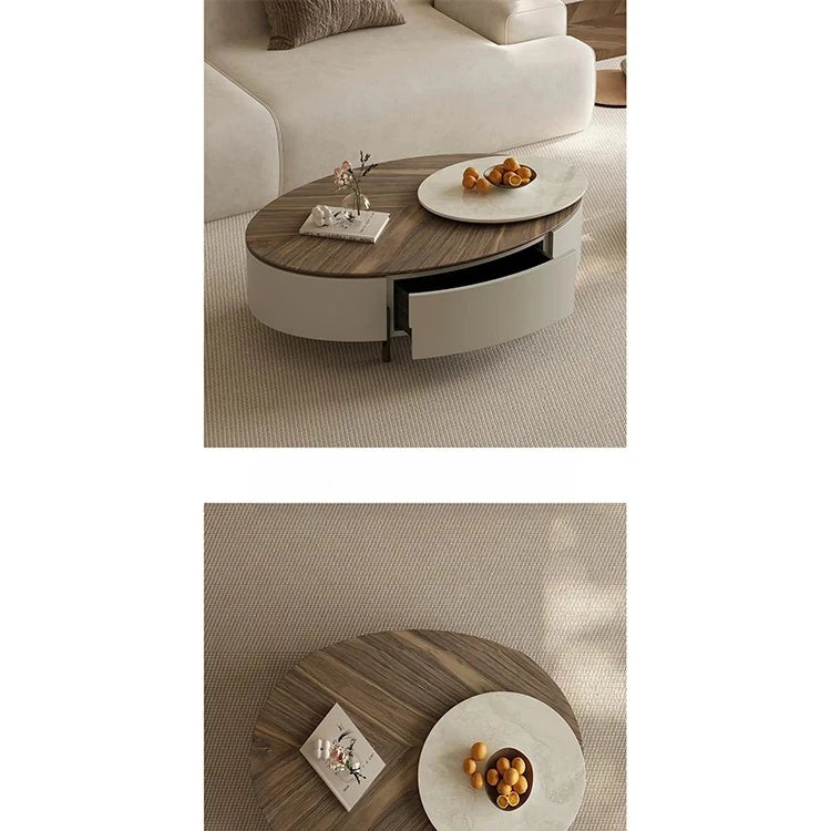 Modern Oval Coffee Table with Marble Pine Top and Storage - Stylish Living Room Furniture fjd-4710