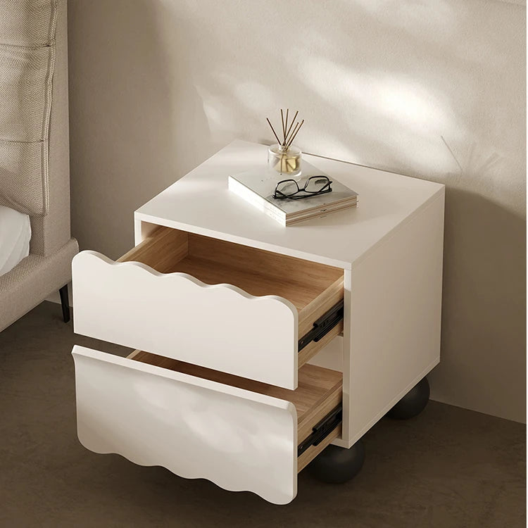Chic White Bedside Cupboard with Stylish Scalloped Design and Black Ball Feet - Modern Density Board Pine Furniture fjd-4736
