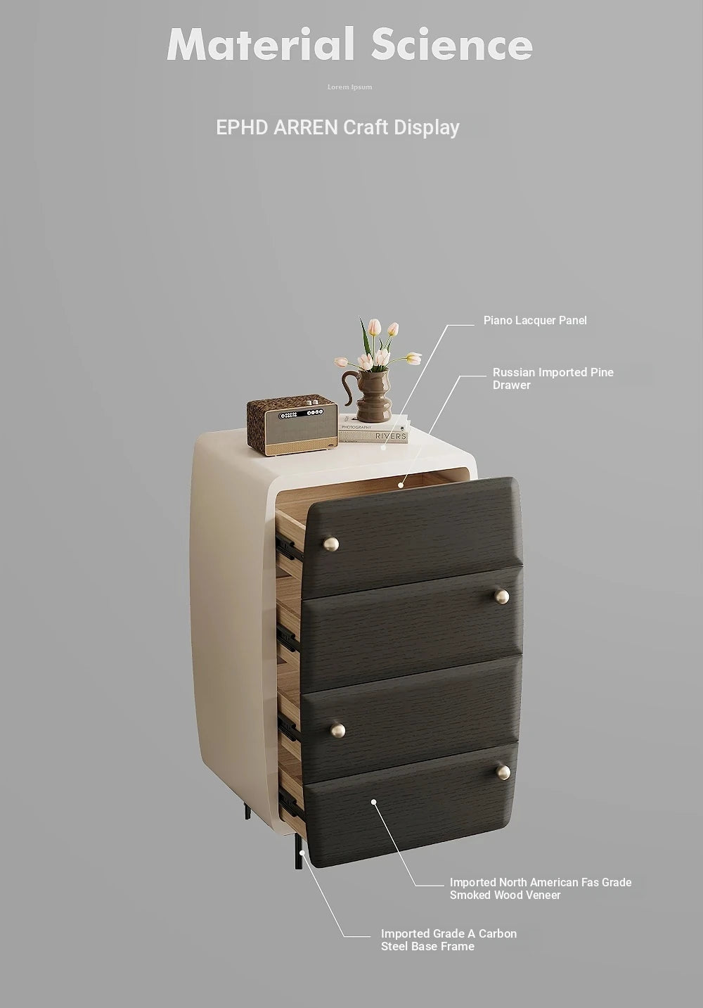 Modern Pine Density Board Cabinet with 4 Drawers - Stylish Storage Solution for Home and Office fjd-4745