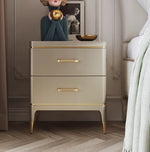 Elegant Solid Wood Nightstand with Multi-Layer Board and Gold Accent – Modern Two-Drawer End Table for Bedroom Storage fjfn-5275